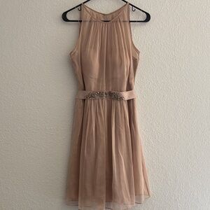 Adrianna Papell Tan Midi Dress with Embellished Waist